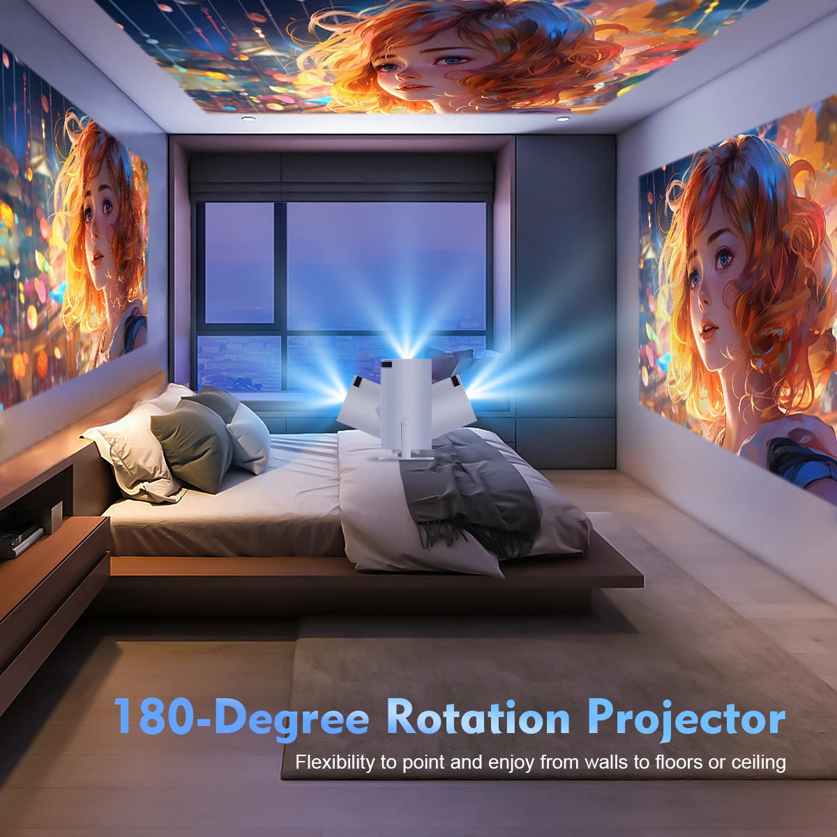 Info Graphic Showcasing 180-Degree Rotation for the 4k TV Projector